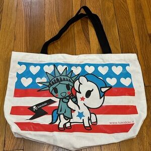 Tokidoki Canvas Tote with Statue of Liberty and Unicorn in Red, Blue, and White